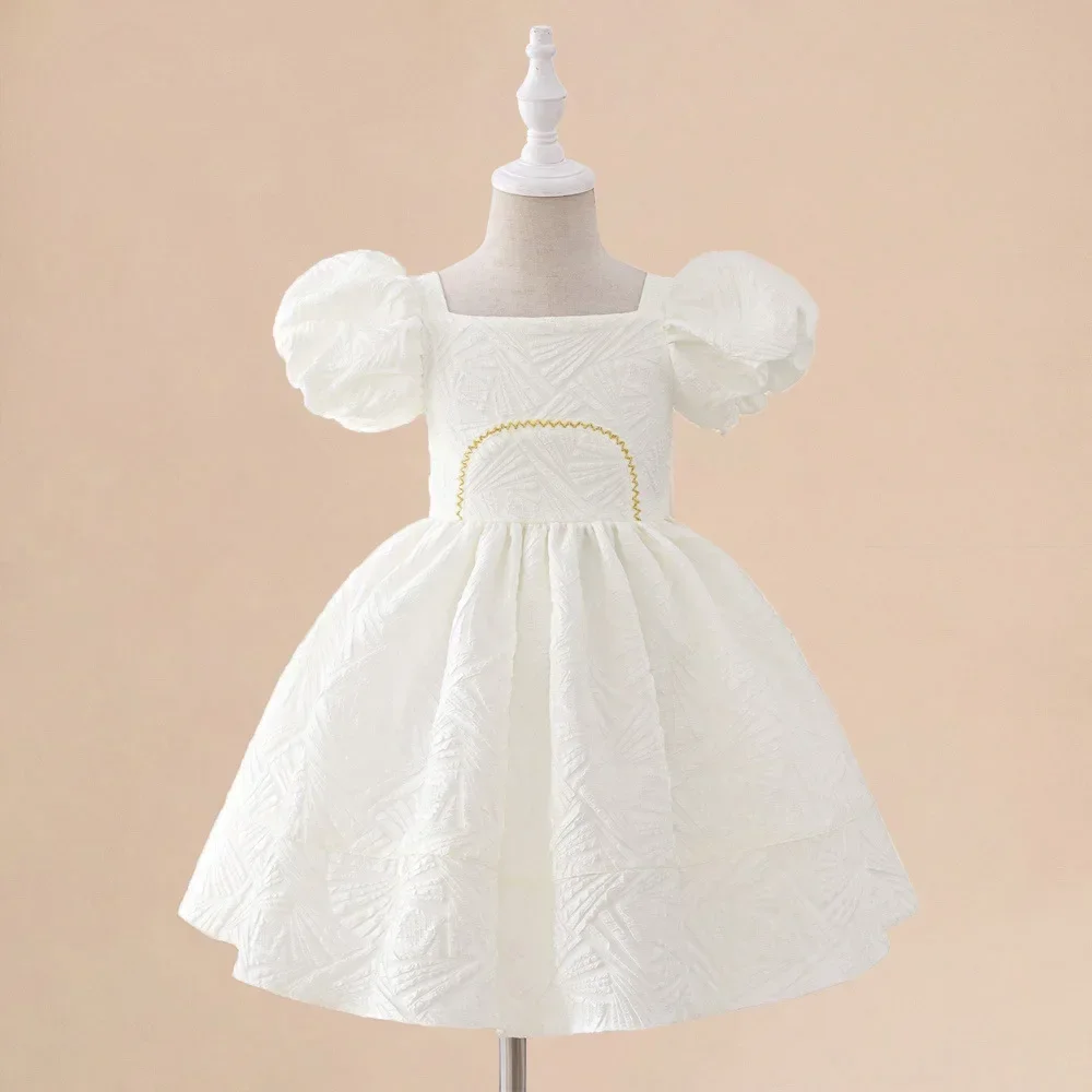 Elegant White Bridesmaids Girls Dress Flower Princess Birthday Party Dresses for Girl Puff Sleeve Ceremony Wedding Kids Clothing