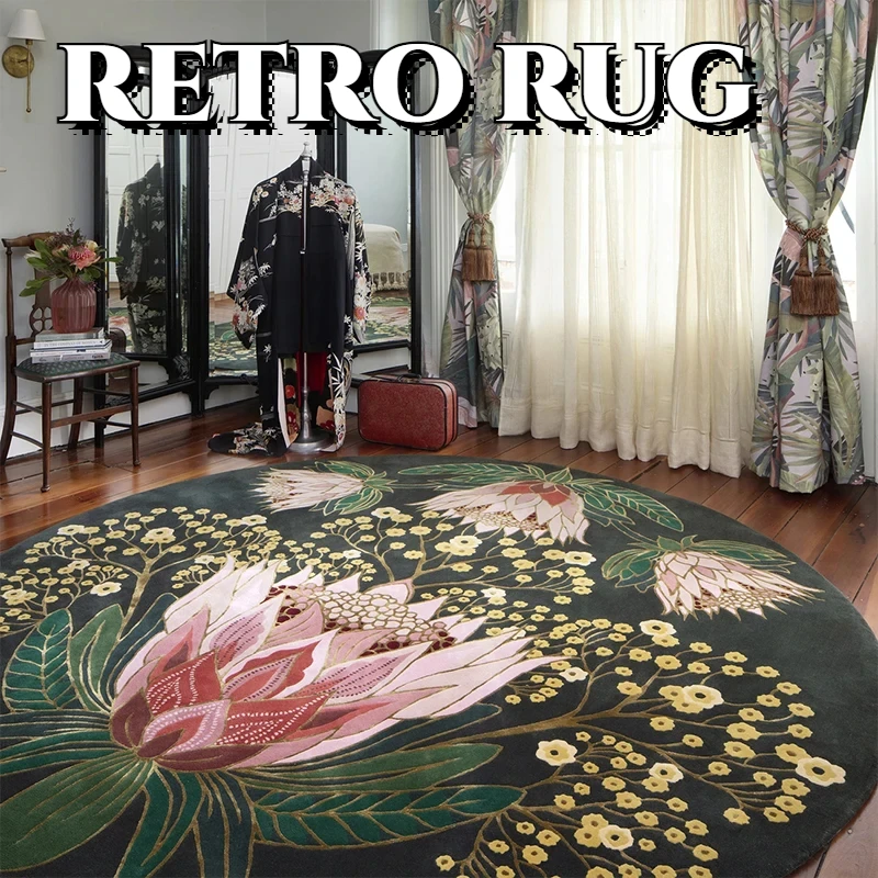 

Retro Living Room Carpet Pastoral Flower Home Decoration Luxury Large Area Bedroom Rug Round Fluffy Bohemia Cloakroom Mats Ковер