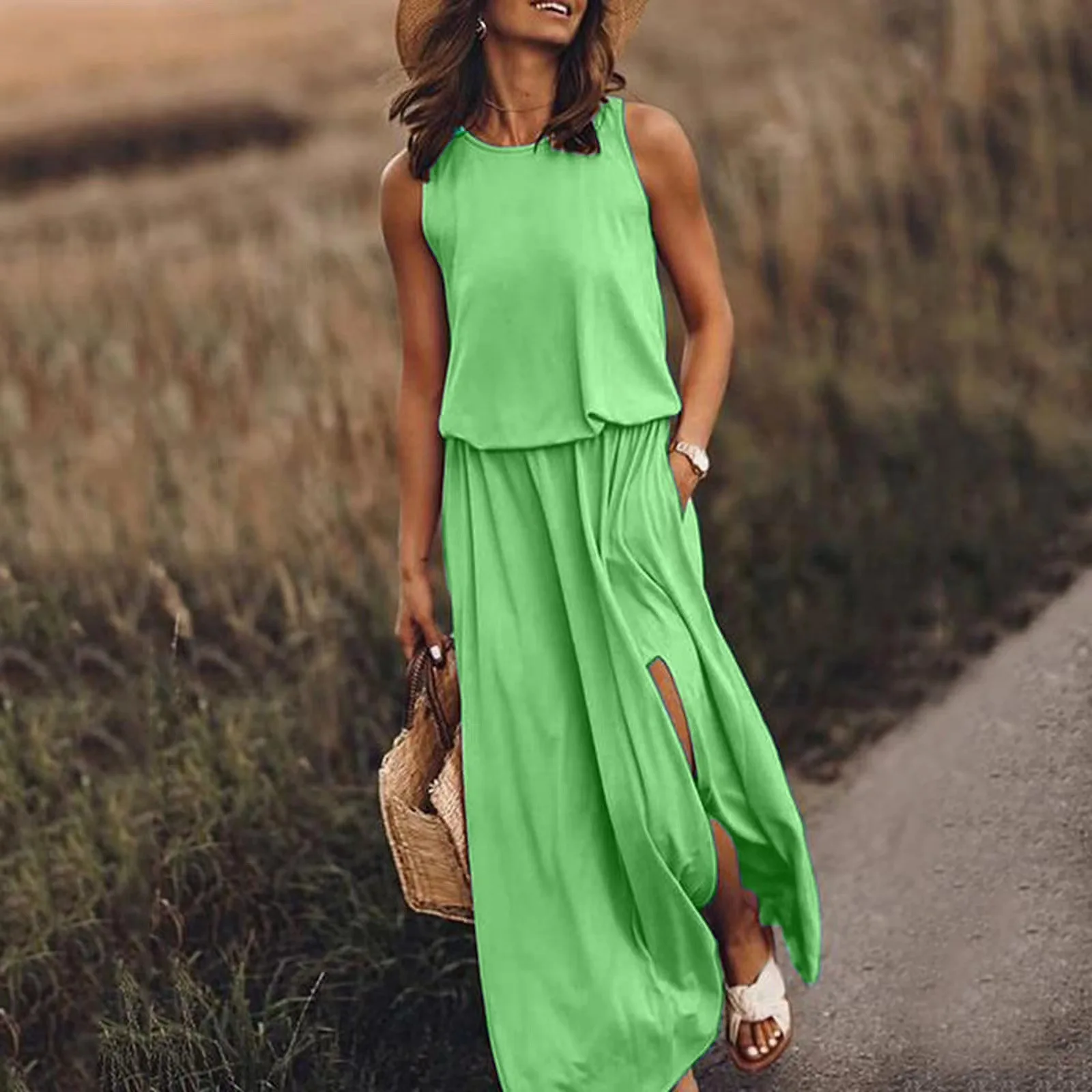 Casual Women Party Skirt Sleeveless Suspender Skirt Office Ladies Fashion O-neck Off-shoulder Solid Color Dress Summer Sundress