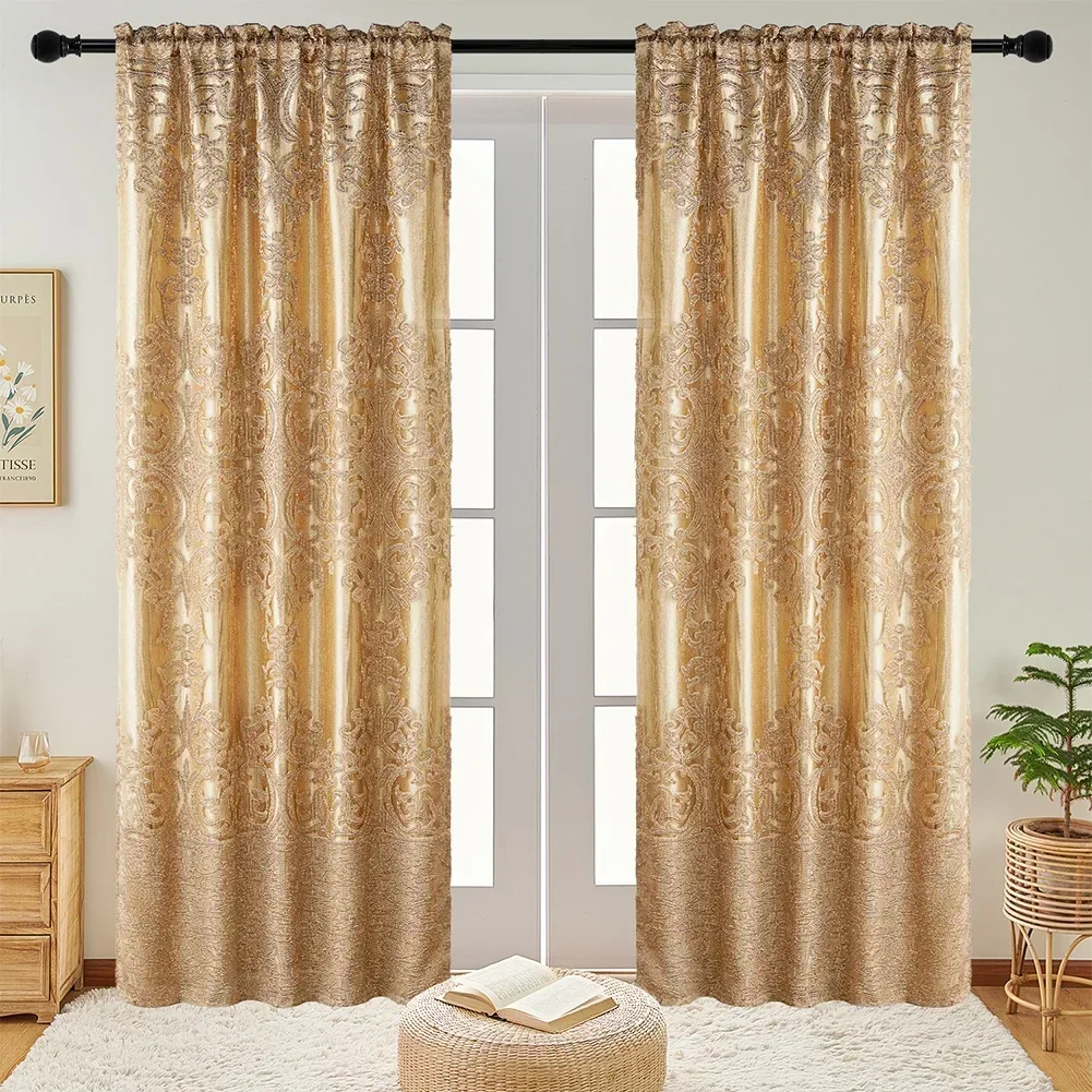 LEEJOOM luxury golden shading blackout thick curtain with curtain tulle sheer for living room bedroom decor 1PC