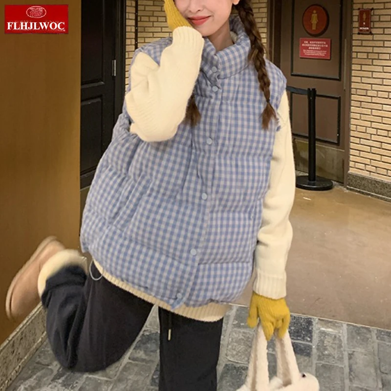 2025 hiver manteaux de survêtement gâteau Style coréen filles mignonnes décontracté chaud Plaid court vers le bas coton veste sans manches femmes réservoir Parkas