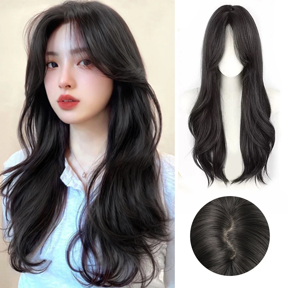 

ALXNAN Long Wavy Synthetic Wigs for Women Natural Black Wigs with Bangs Daily Cosplay Party Heat Resistant Fake Hair