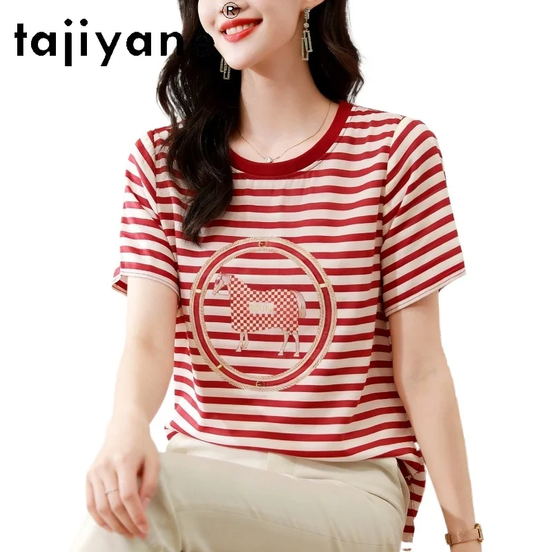 

TAJIYANE 100% Mulberry Silk Women T Shirts Red Striped Printed T Shirt O-Neck Short Sleeves Summer Tops 2026 Woman Clothing топ