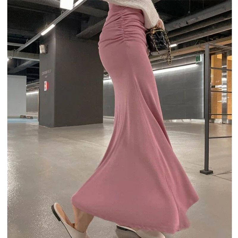 

Women High Waist Fishtail Ankle Long Bodycon Sexy Skirts Elegant Streetwear Vintage Sweet N394 Folds Maxi Knit Skirt Pink Slim
