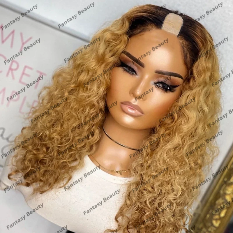 Ombre Honey Brown/Copper Brown/Ash Brown Highlight Curly 100% Human Hair 1x4 U Part Wigs for Black Women Glueless U Part Wigs