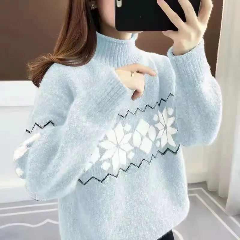 Autumn Winter New Women\'s Half High Collar Jacquard Weave Pullovers Sweaters Elegant Versatile Loose Casual Long Sleeve Tops