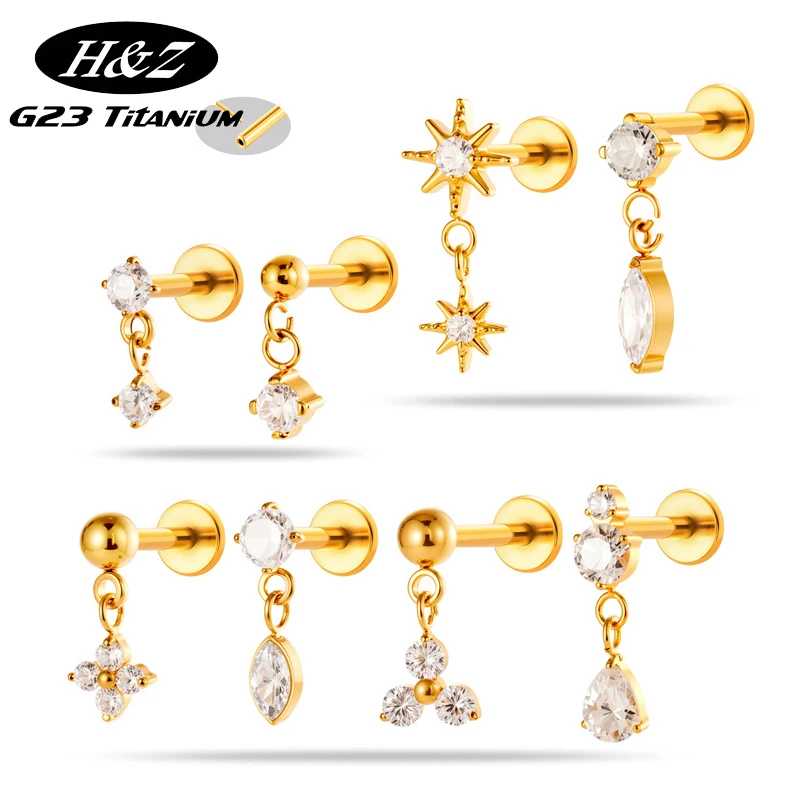 

1PC G23 Titanium Piercing Ear Stud Threadless Push Pin CZ Sun Flower Pendant Chain Cartilage Tragus Stud Labret Piercing Jewelry