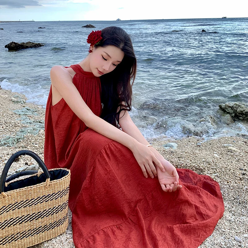 New Style Retro Red Halter Dress Summer Elegant Simple Long Dress