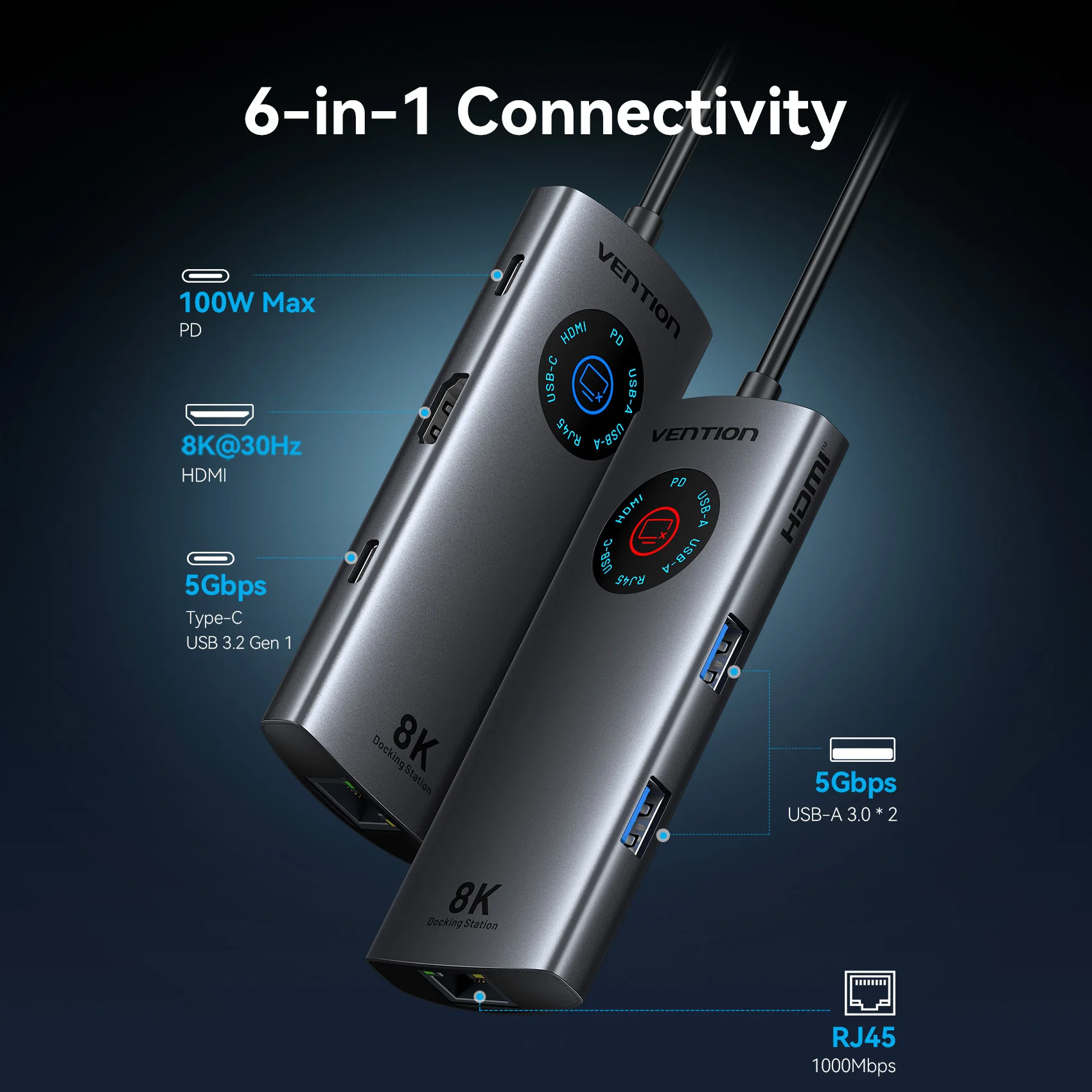 Vention 6 в 1 USB C 8K @ 30 Гц HDMI-концентратор Smart Led Touch USB 3.0 Ethernet-адаптер Док-станция для MacBook Lenovo HP iPad Laptop