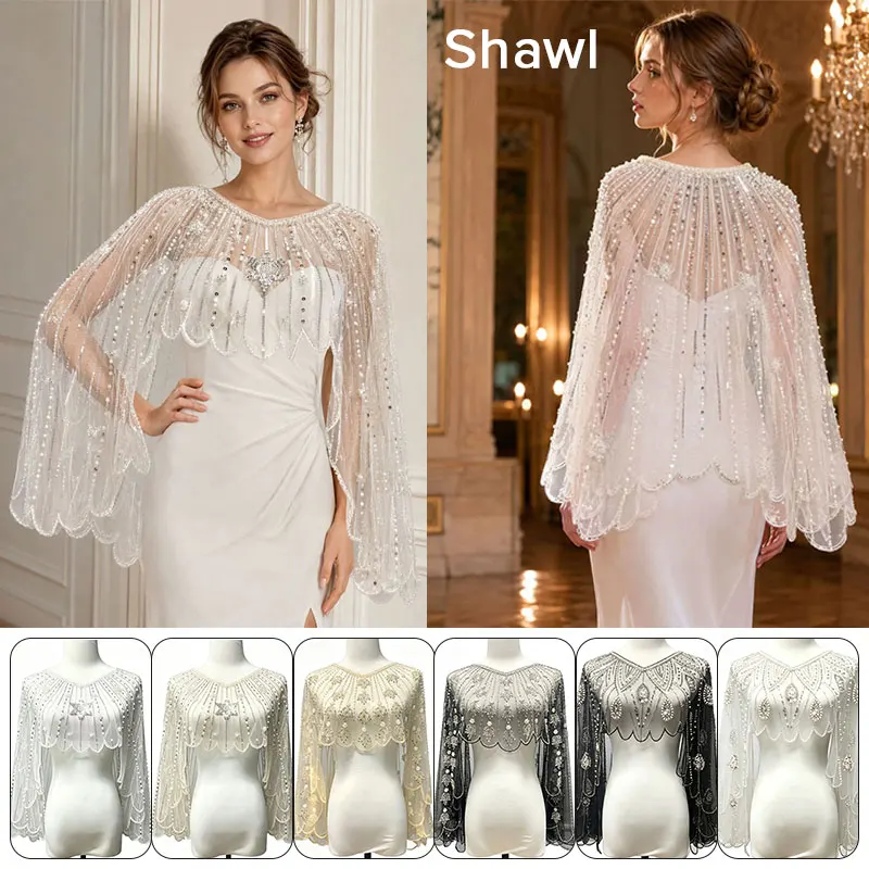 Women Beaded Sequin Tulle Shawl Cape V Neck Wedding Bridal Shoulder Wrap Fringe Evening Party Dress Cover Up