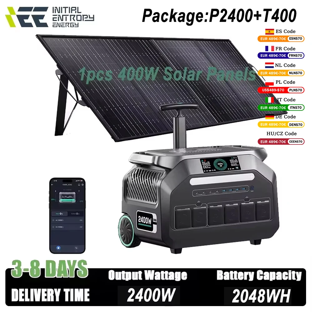 IEE 2400W Powerstation 2048Wh Solargenerator mit 400W Tragbarem Solarpanel-Kit APP-Steuerung Handwagen 16 Anschlüsse