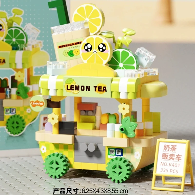 جديد DIY بيع سيارة الغذاء شاحنة الفاكهة الآيس كريم مخزن زهرة عرض الشارع اللبنات عدة الفتيات الطوب نموذج الاطفال لعبة الأطفال