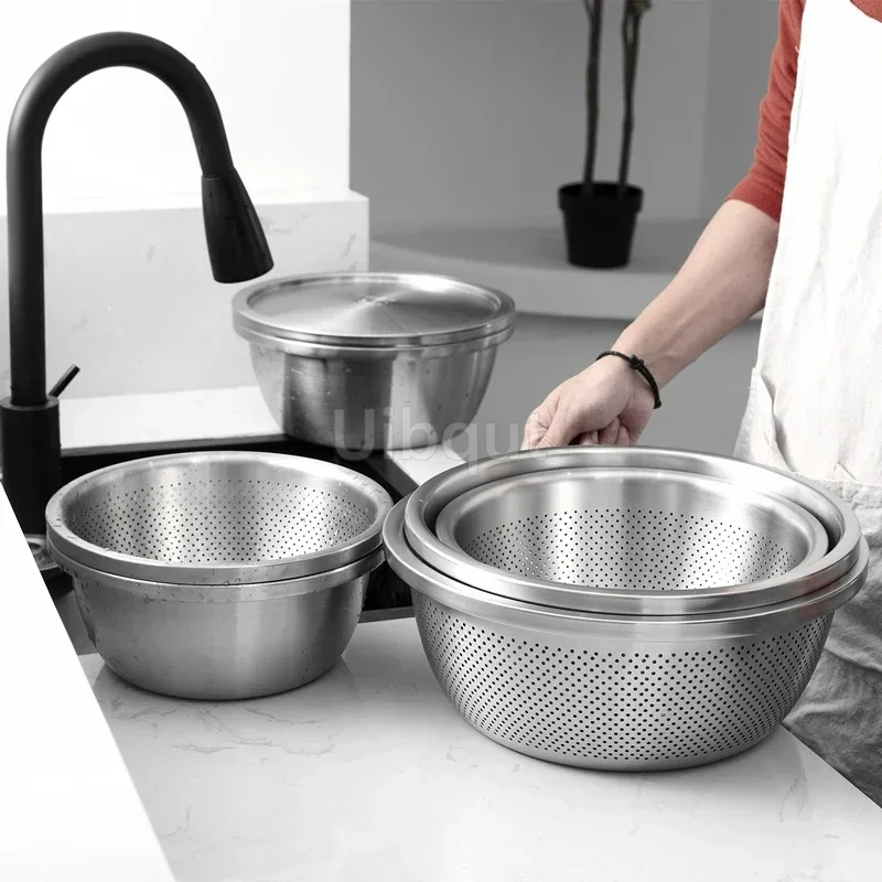 304 stainless steel drain basket vegetable rice washing basin Leakage Water Washing Sieve Sesame Filter Net Fruit Hole Bowls
