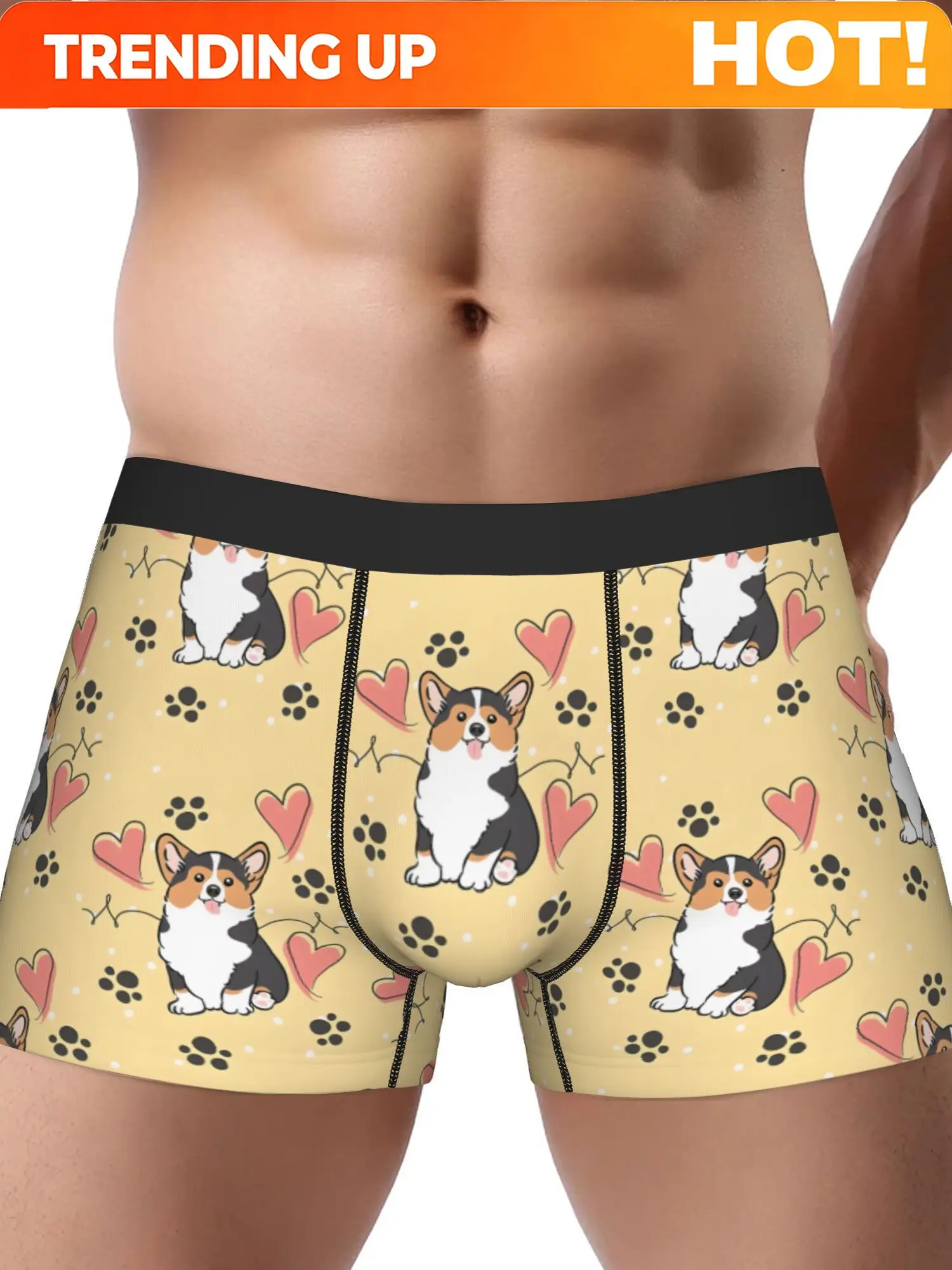 BIIHUDU Men'S Cute Dog Print Boxer Briefs - Soft Stretch Fabric, Black & White Corgi Design with Pink Hearts, Comfortable Underw