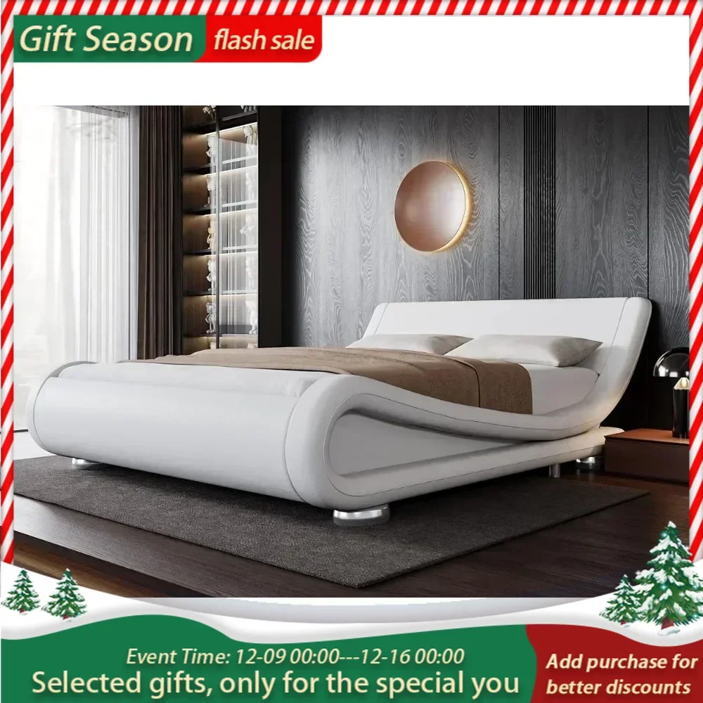 Full-size bed frame with ergonomic and adjustable headboard, White understated modern padded platform sled design