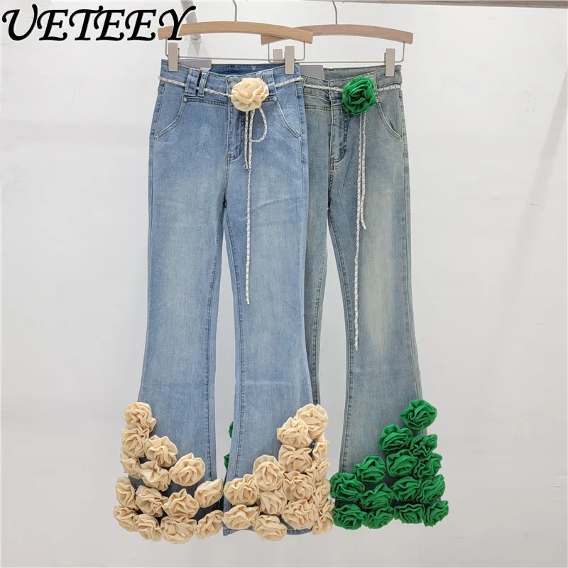 

Heavy-Duty Pantalons Three-Dimensional Flower Decoration Skinny Jeans Women Trousers 2024 Spring and Summer New Blue Denim Pants