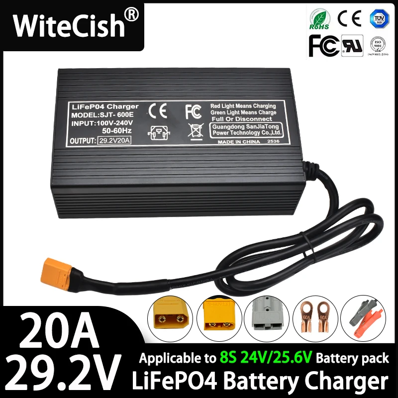 

29.2V 10A 20A LifePO4 Battery Charger Aluminum Case 24V/25.6V for with Anderson XT60/XT90/Crocodile clip 8S Battery Fast Charger