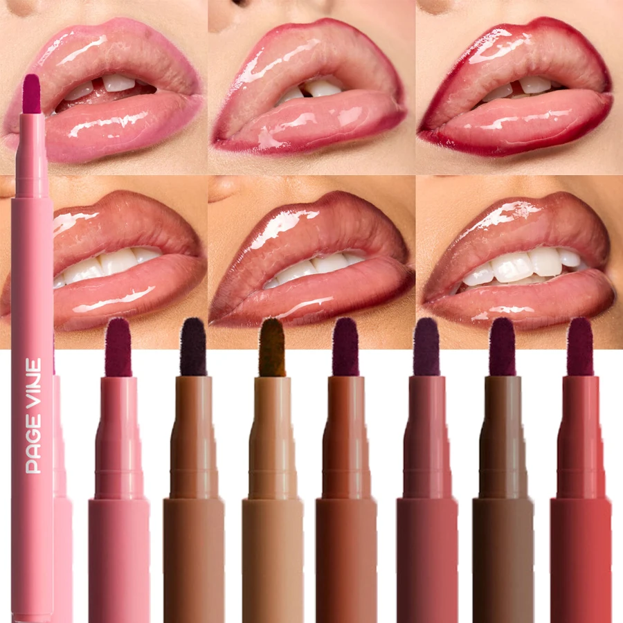 Cepillo de labios de felpa, delineador de labios rojo cereza, tinte para contorno de labios, lápiz labial, resistente al agua, terciopelo marrón mate, maquillaje
