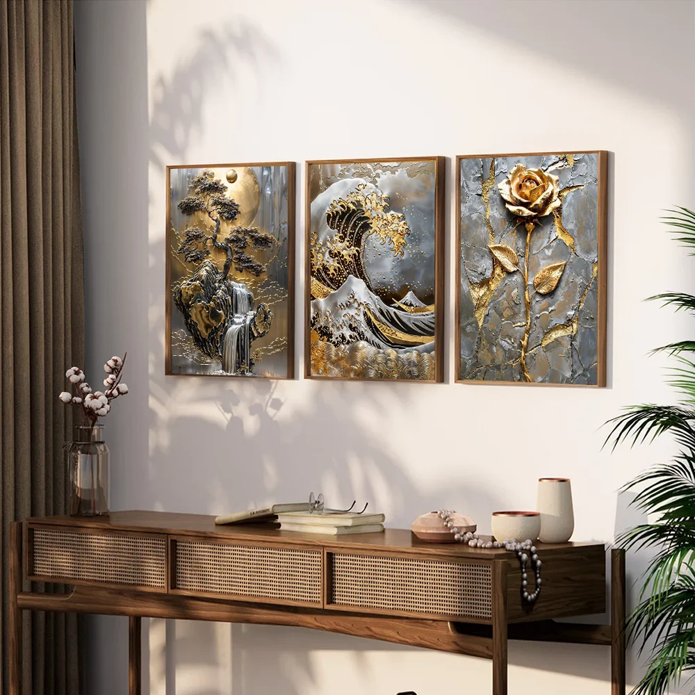Golden Tree and Moon Abstract Painting Canvas Print, Luxury Wall Art, Minimalist Poster, Asian Style Pictures For Home Interior