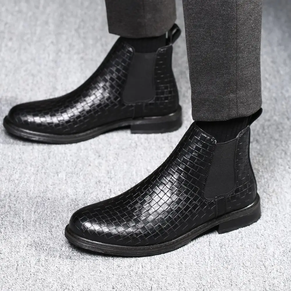 Autumn Men's Boots ANKLE Desert Boot Knitted Pattern Handmade Elastic Cuffs High Top Chelsea Leather Boots Men's Shoes Black