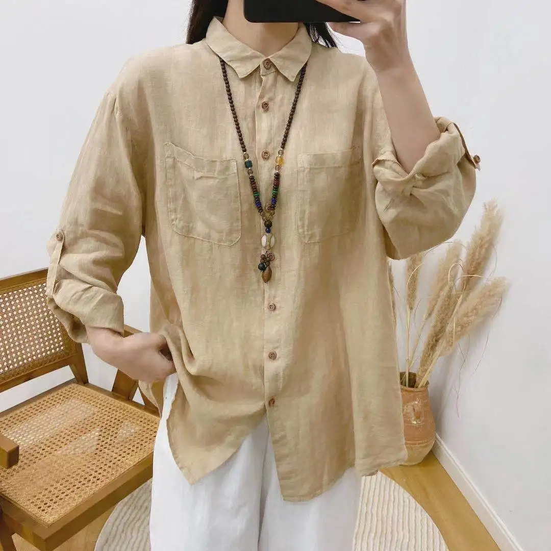 Johnature Sping New Vintage Women Shirts 2024 All Match Solid Color Linen Turn-down Collar Button Female Blouses