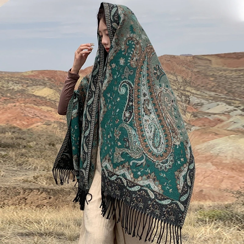 

Cashmere Scarf Nepal India Paisley Pattern Jacquard Chic Long Scarf With Tassels Cozy Warm Poncho Boho Multicolored Winter Shawl