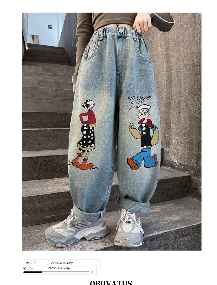 Frühlings-Kinder-Retro-Jeans in Blau mit Marken-Cartoon-Print für Mädchen, Lässige, Lose, Gerade Geschnittene Denim-Hose, Kinderhose mit Hoher Taille – Detail 9
