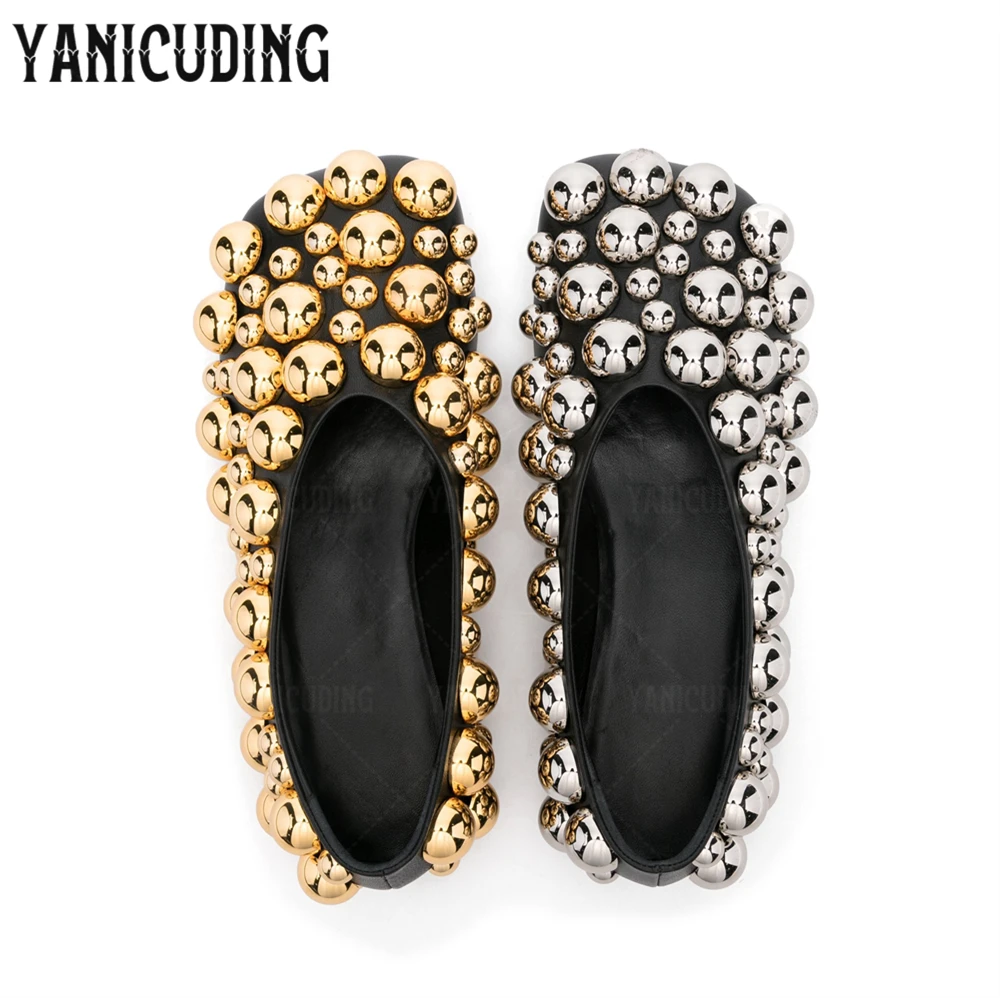 Metallic Stud-Embellished Ballerinas Silver Gold Embellished Black Leather Flats Square-Toe Bubble Beads Women's Elegant Loafers view 2
