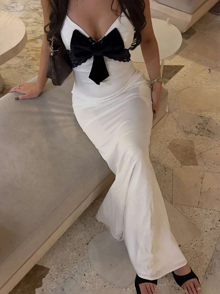 Leosoxs セクシーなリボンジャカードドレス女性シンプルなノースリーブ V ネックミッドナイト宴会パーティー休暇ヒップスターストレッチロングボディコン