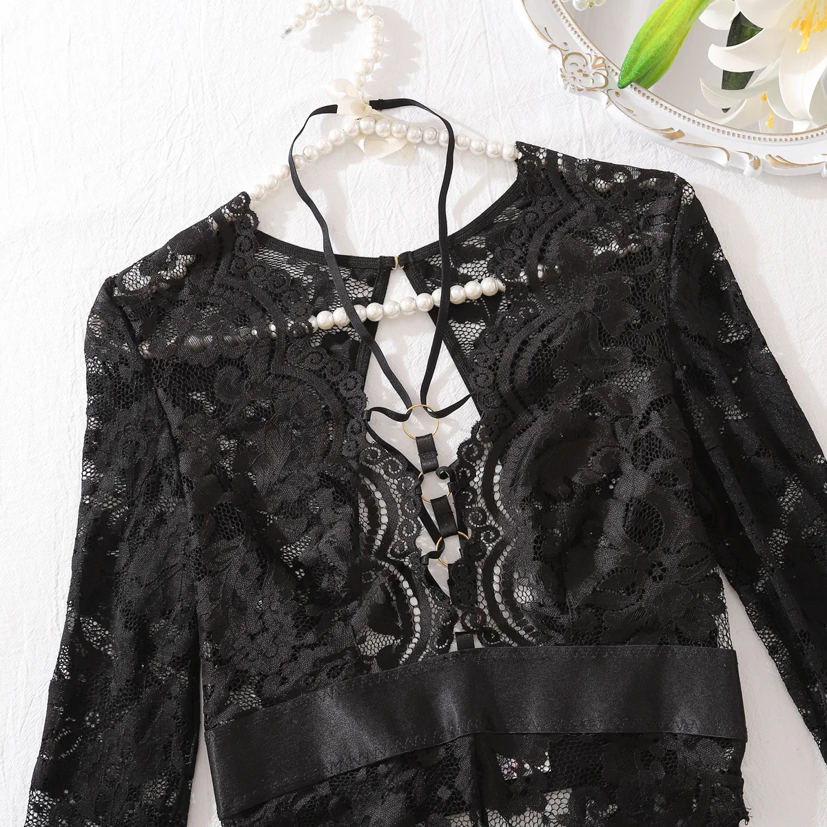 Women Sexy Lace Erotic Set Mesh See Through Lingerie Bodysuit Elegant Ladies Perspective Underwear Exotic Apparel