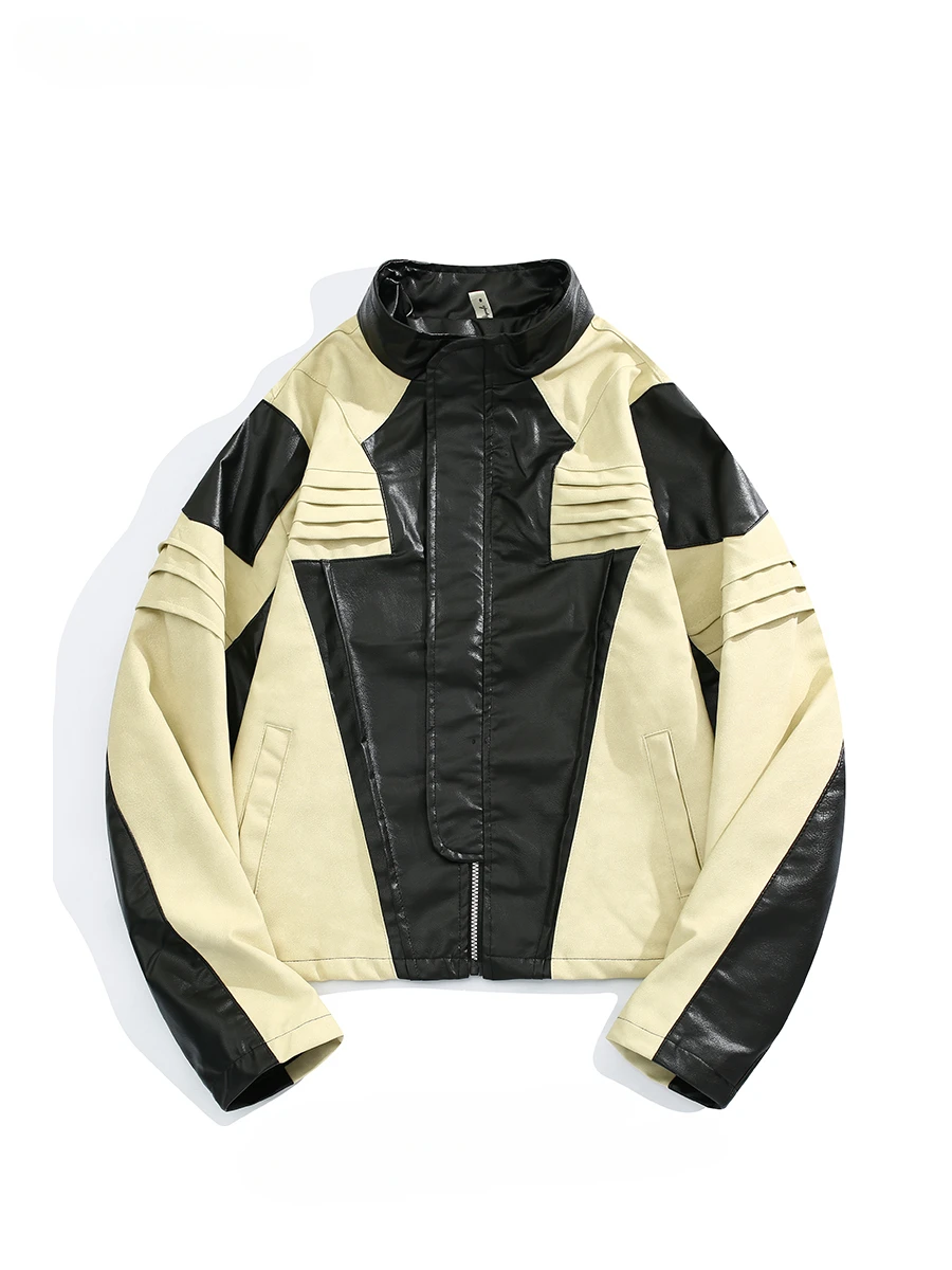 Trendy Brand Niche Pleated Contrast Color Motorcycle Leather Jackets Men Stand Collar Hip Hop Handsome Casual Loose Zipper Coats