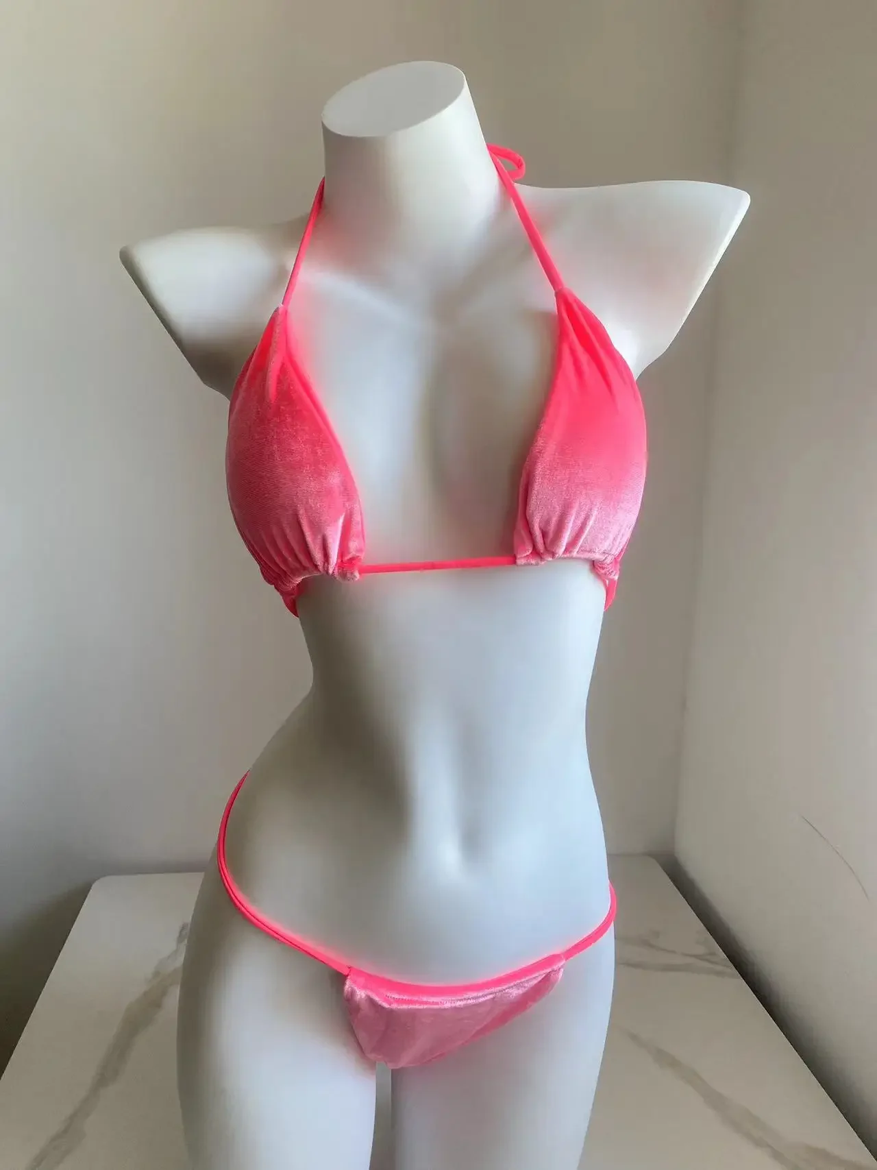 

Pink Velvet Swimsuit Sexy String Halter Triangle Bikinis Set Mujer Micro Thong Swimwear Women Biquini Bikinis Set Bathing Suit