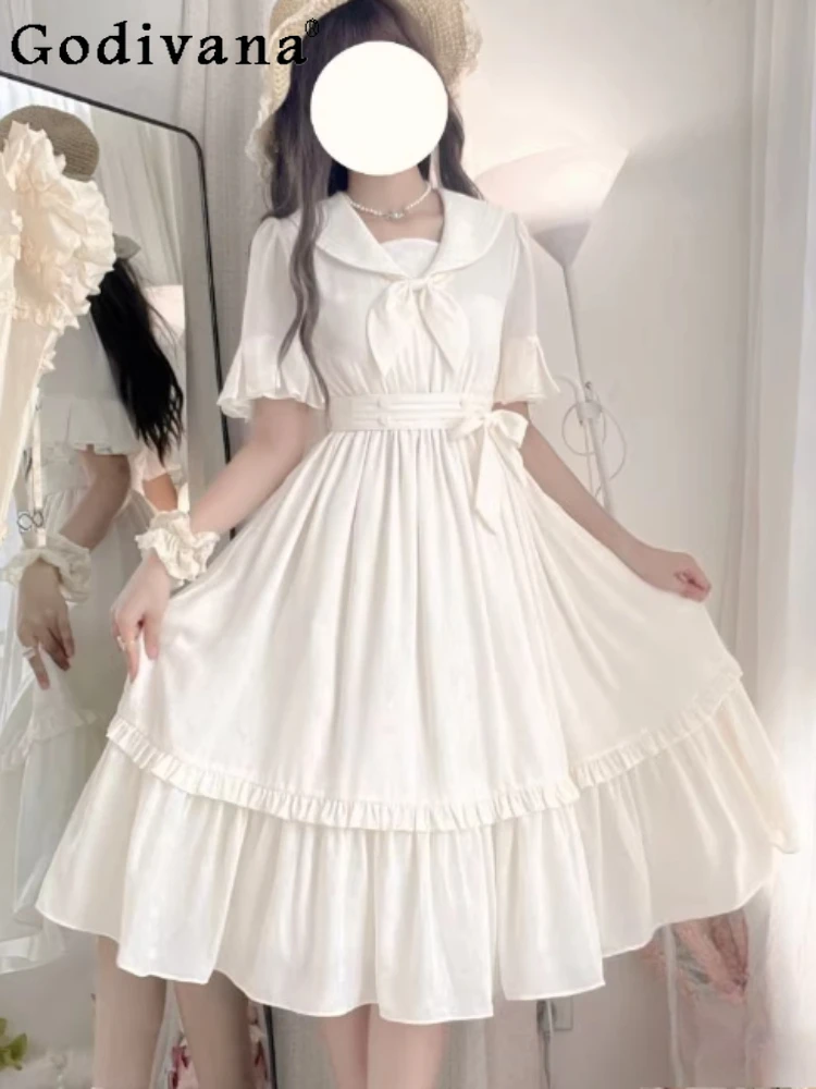 

Spring Summer Sweet College Elegant Sailor Collar Age-reducing Dress Girl High Waist A-line Age-reducing Japanese Long Dresses