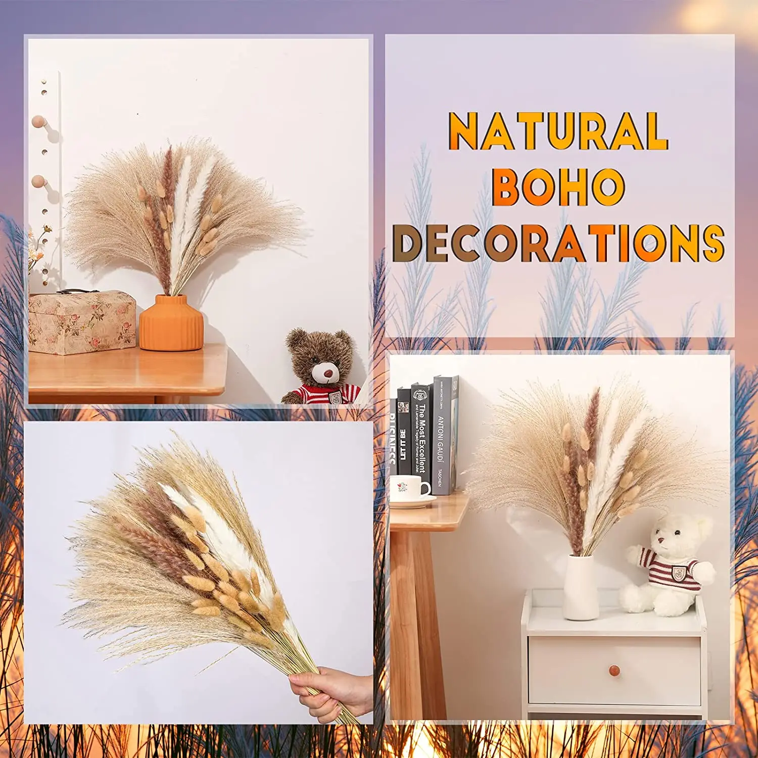 Imagen 6: 99 Piezas de Hierba de Pampas Esponjosa, Flores Secas, Colas de Conejo, Ramo Floral, Decoración para el Hogar y Jardín, Cañas de Flores Secas, Decoración Pomposa para Bodas