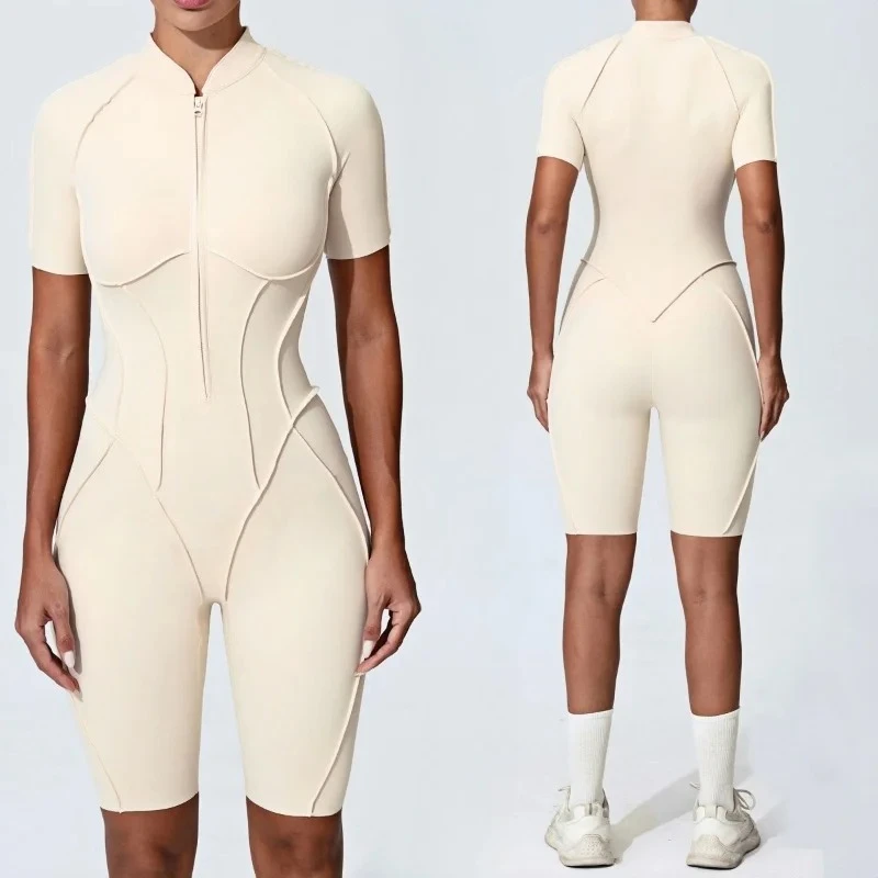 

Seamless Yoga Zipper Jumpsuits Sports Fitness Hip-lifting Splicing Short-sleeved One-piece Workout Gym Shorts Bodysuit for Women