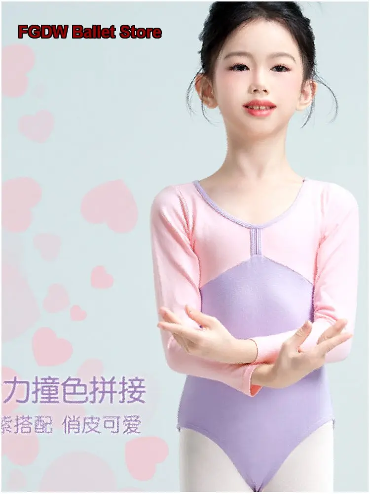 Children's Girls Dance Dress Long Sleeves Practice Leotard Art Exam Body Suit Gymnastics Leotard Contrasting Color One-Piece Dre