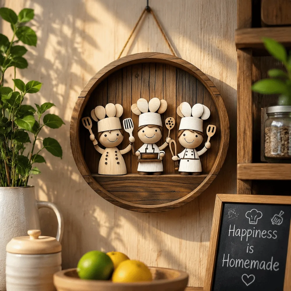 Cartoon 2D Plan Kitchen Sign Door Wreath Wooden Kitchen Wall Art Decorative Plate Hanging Decoration Food Pickup Window Sign Bar