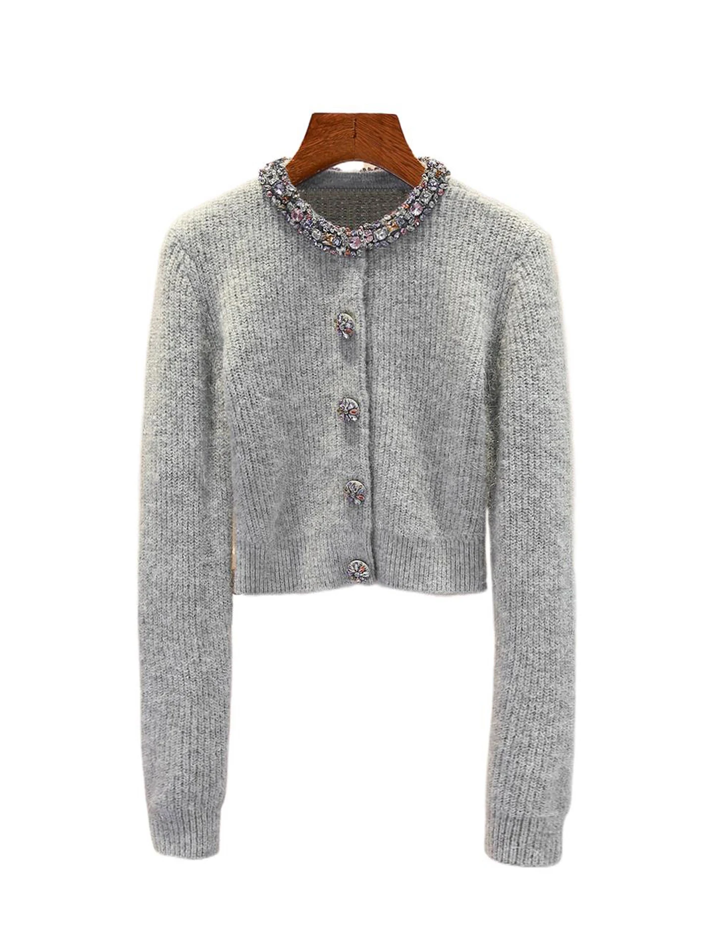 Cardigan lavorato a maglia da donna premium ort Sve rotondo Ne Color Diamond Embellished Commute Sle Comodo tessuto morbido