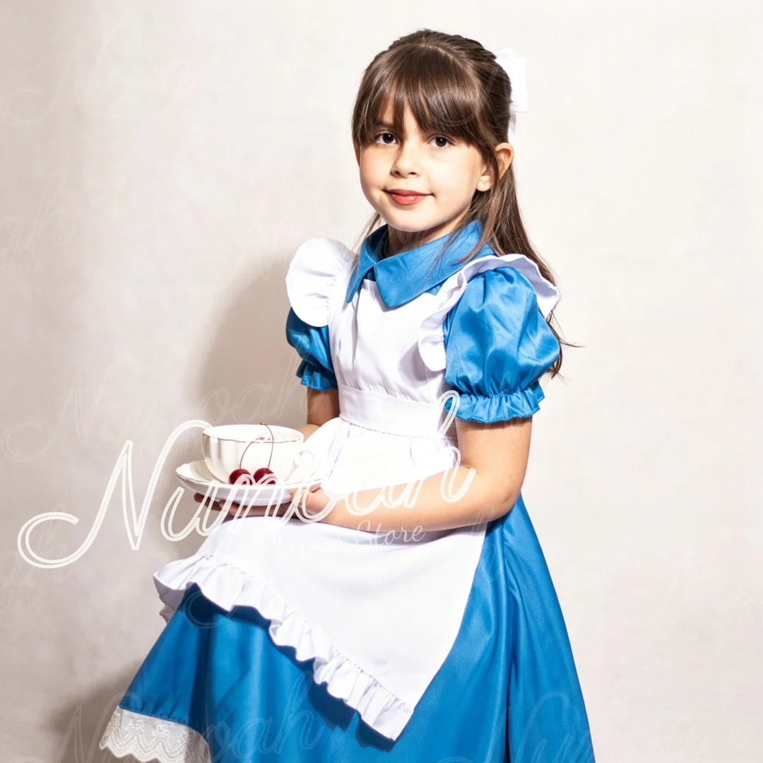 Flower Girl Dress for Wedding Blue Satin Puff Sleeve Dress With White Ruffle Apron Fancy Dress First Communion Gown Customized