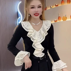 Autumn Winter New Style Small Fragrance Base Shirt Women's Western V-neck Ruffle Edge Contrasting Splicing Long Sleeved Top