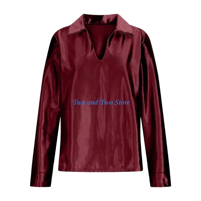 

HX6F Ladies Silky Draped Collar Ruched Design Long Sleeve Shirt Top Comfortable Shirt