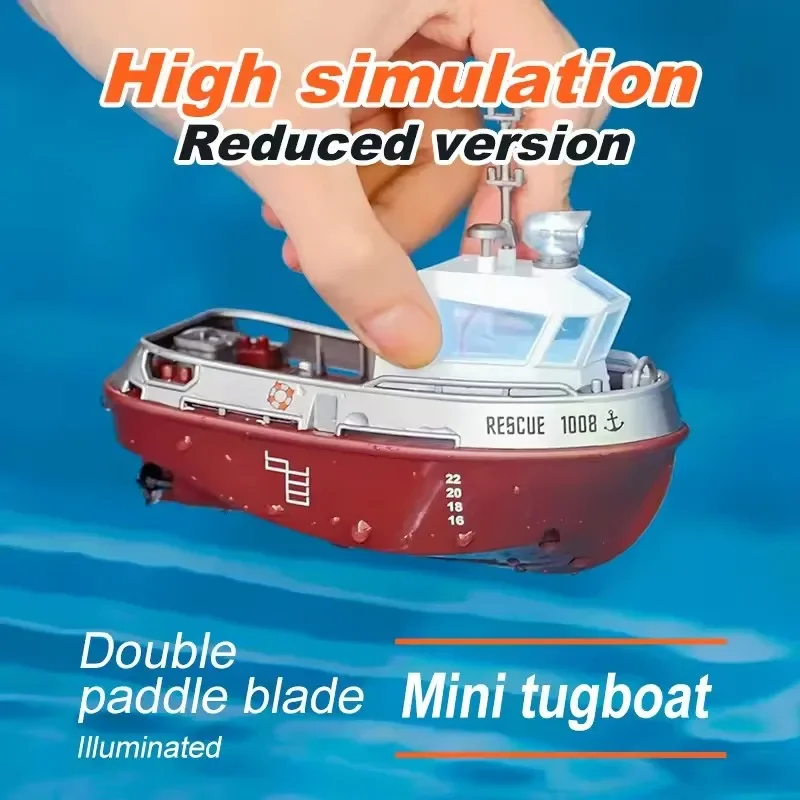 1/32 RC Boat with Lights Powerful Dual Motor 2.4G Long Range Wireless Remote Controlled Tugboat Model Toy for Boy Girl Gifts