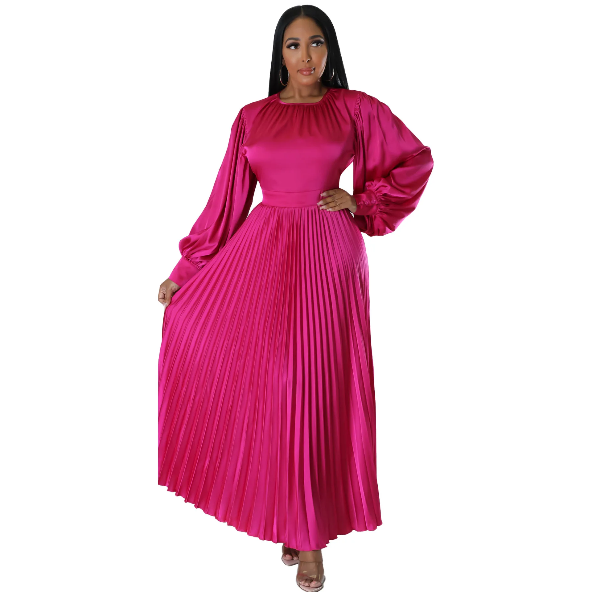 Autumn African Women Long Sleeve O-neck Solid Color Polyester Pleated Dress Maxi Dress African Dresses for Women S-2XL