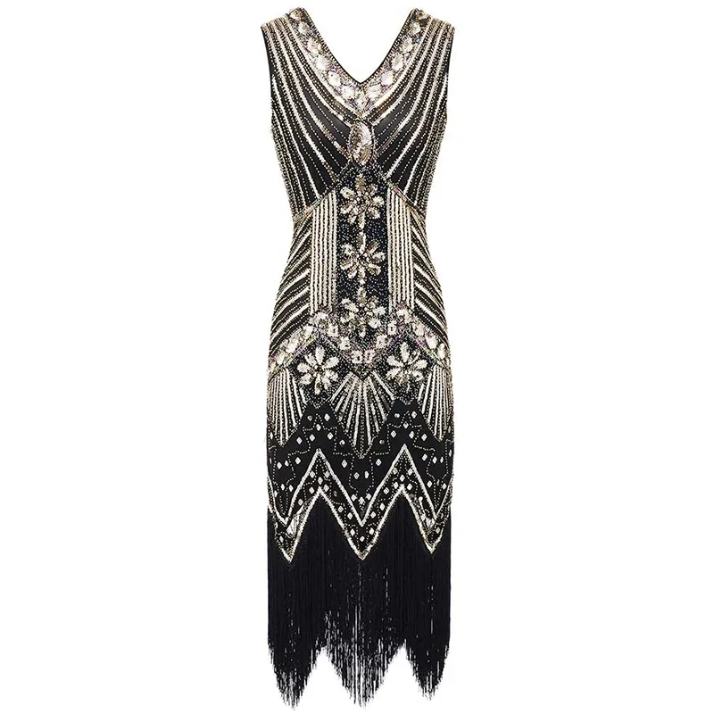 Custom Size 1920s Vintage Flapper Great Gatsby Party Dress V-Neck Sleeveless Sequin Beaded Style Tassel Flapper 4XL Plus Size XC