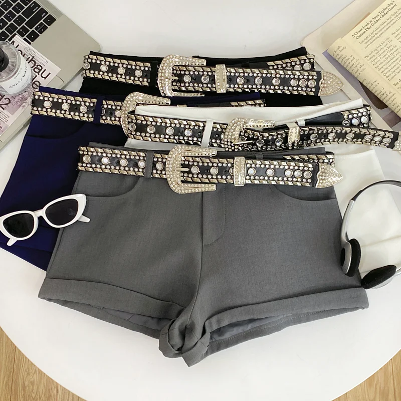

Модные женские шорты с низкой талией, украшенные стразами, повседневные, плотные, весенне-летние, облегающие, трендовые