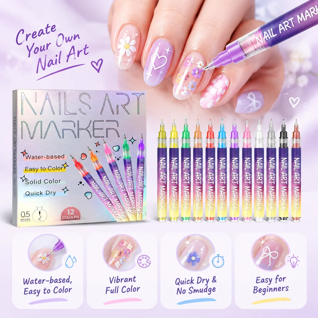 12 Colors 3D Nail Art Painting Pen 0.5mm Fine Tip Easy Coloring Quick Dry Nail DIY Drawing Pen For Drawing Painting Point Line