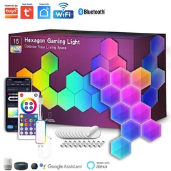 Lâmpada Quântica LED para Sala de Estar, Painel Hexagonal, Luzes de Parede, DIY, Modular, Música, Sincronização, Ritmo, Lâmpadas Atmosféricas, Jogos, Inteligente, Aplicação