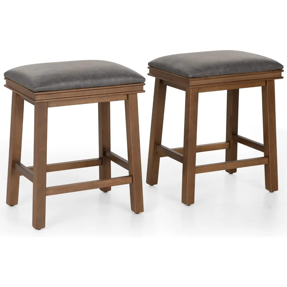 Taburetes de Bar grises, Juego de 2 niveles de altura para mostrador de cocina, patas de madera maciza con asiento acolchado de piel sintética, granja