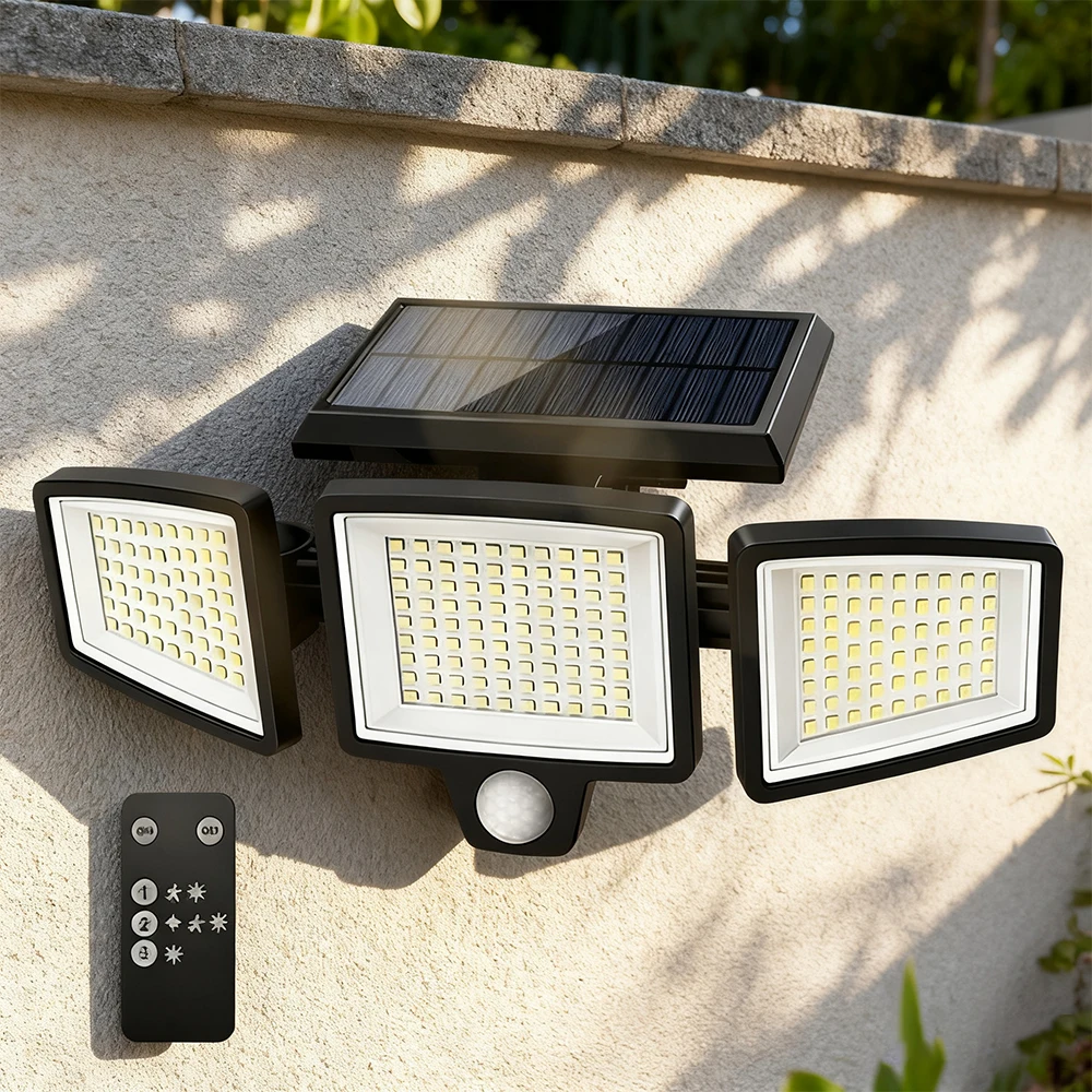 

Солнечные фонари для улицы, водонепроницаемый прожектор с датчиком движения 2500 лм, солнечные фонари для двора с 3 головками, яркое охранное освещение для сада