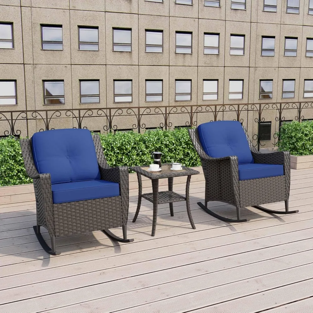 3 pieces patio furniture set, 2 high back rattan rocking chairs and side table, outdoor pe wicker furniture set, all weather pat